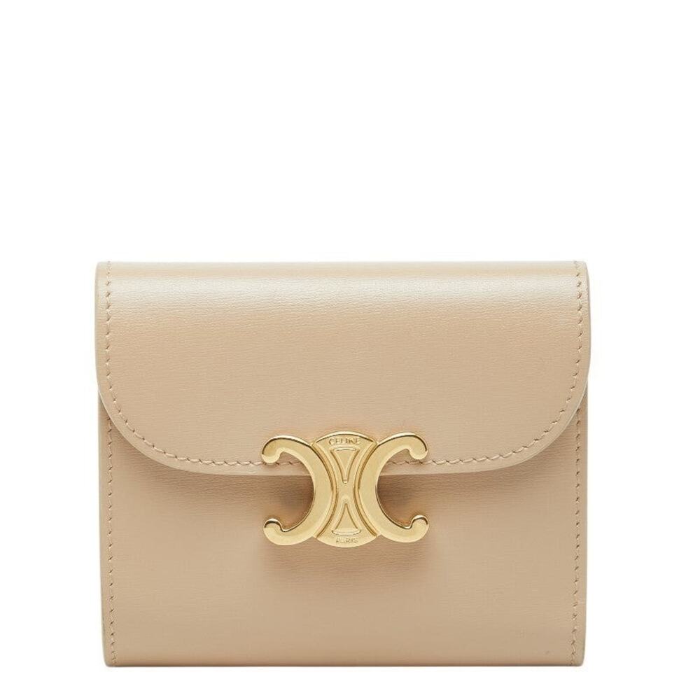 Celine Triomphe Leather Small Flap Trifold Wallet Beige